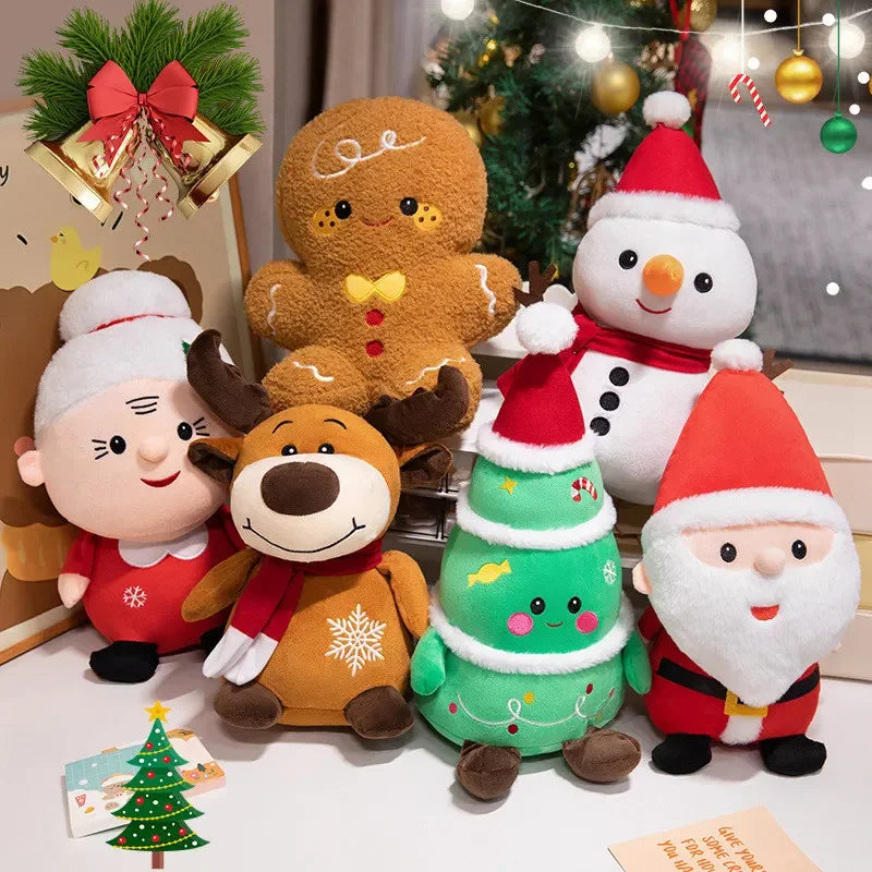Set of Christmas-themed plush toys including a reindeer, gingerbread man, snowman, and Santa Claus.