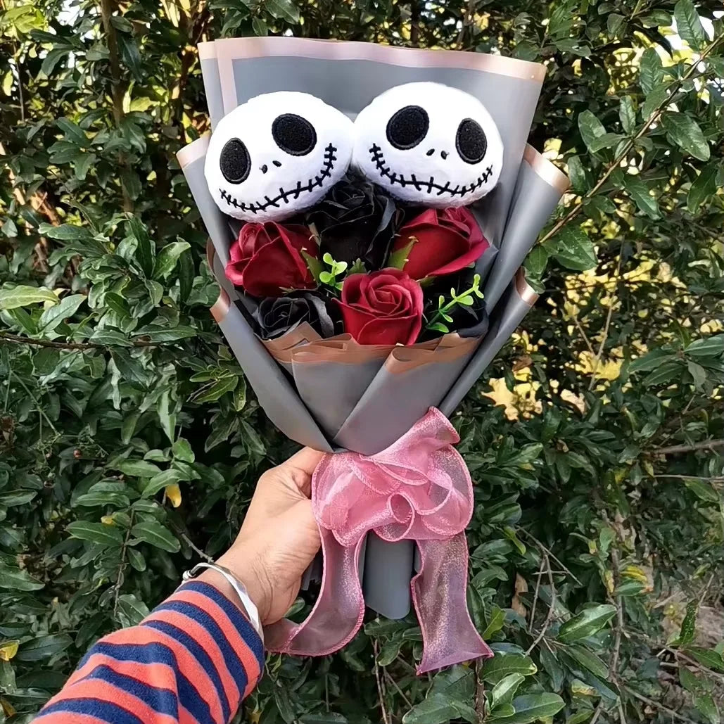 Halloween Jack Skellington Plush Bouquet With Rose Flower Soft Stuffed Terror Skull Ghost Halloween Party Valentine's Day Gifts 2 stuffed animal plush soft toy pillow pals plushie