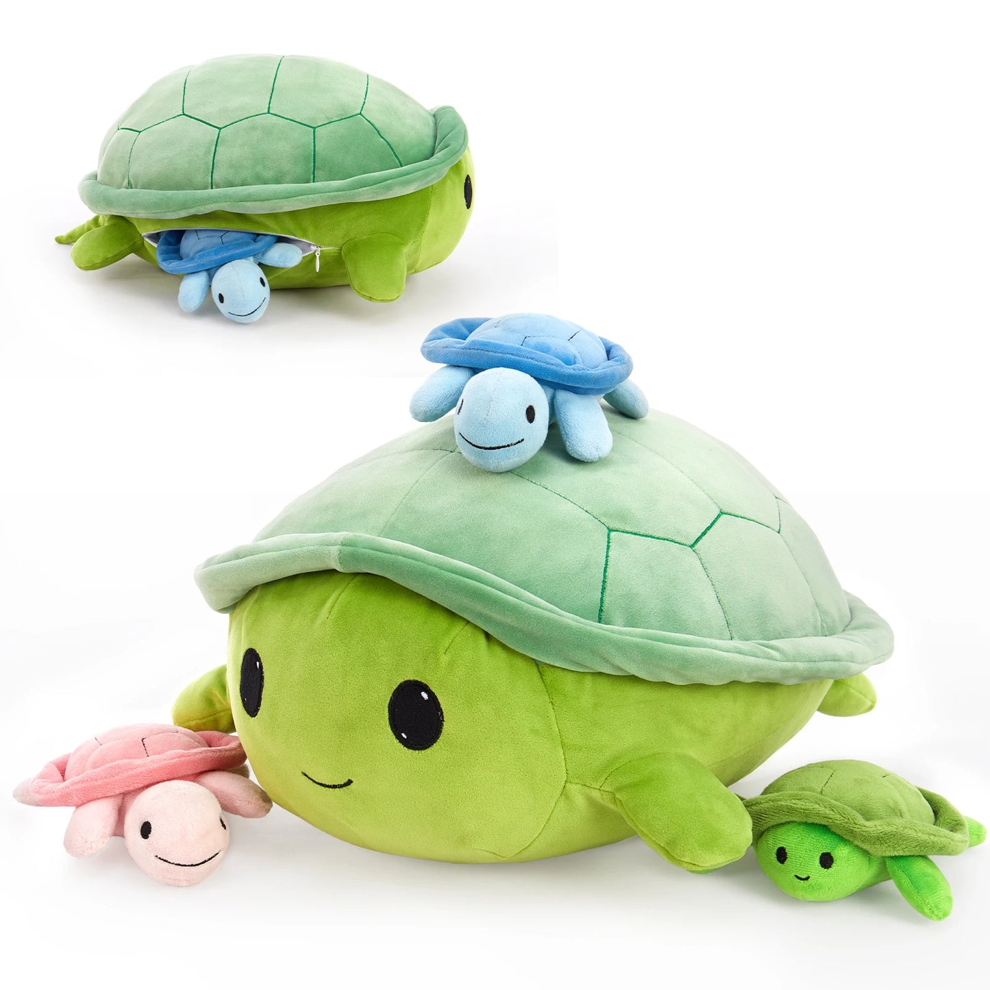 Set of turtle plush toys with different colors on a white background