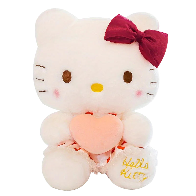 Plush toy of a character with a red bow and heart, featuring Sanrio branding.