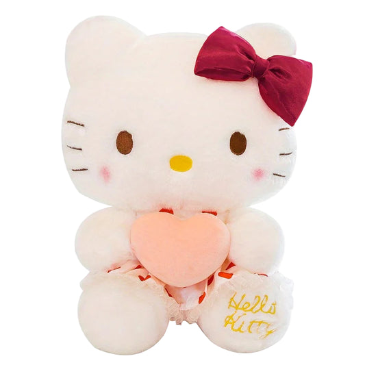 Plush toy of a character with a red bow and heart, featuring Sanrio branding.