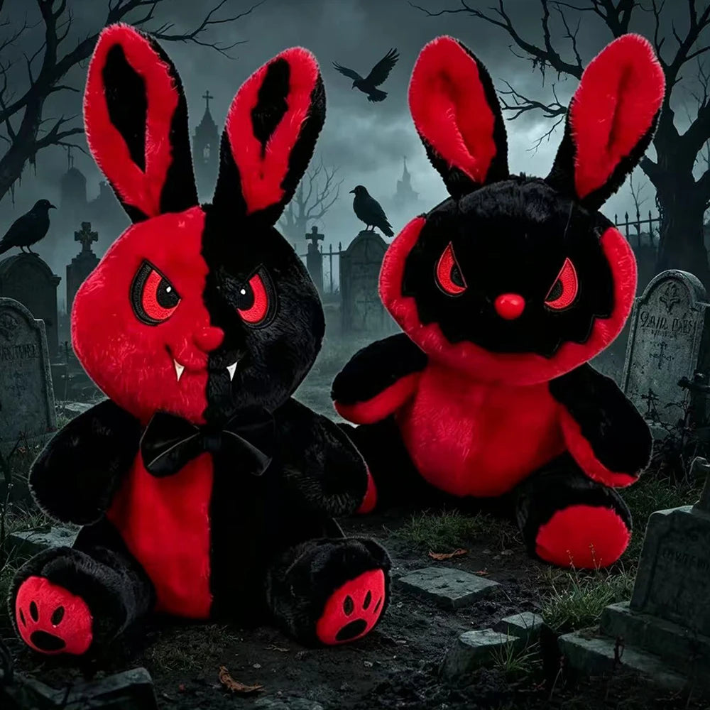 New35cmGothic Devil Bunny Plush Toy Black Red Split Face Evil Rabbit Stuffed Doll Spooky Horror Bunny Plushie Halloween Gift stuffed animal plush soft toy pillow pals plushie